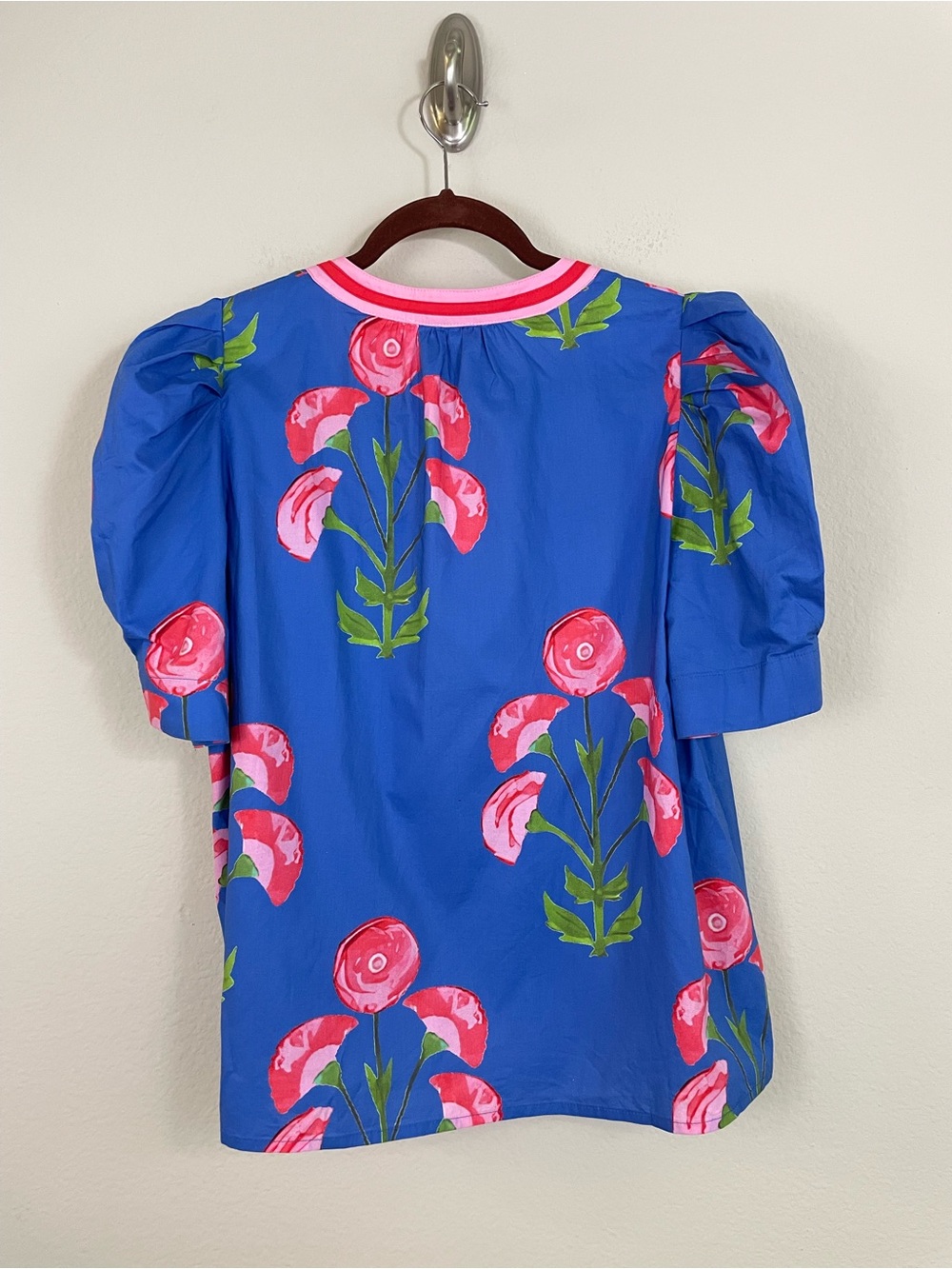 Entro Blue Floral Puff-Sleeve Blouse with Pink Trim Poplin Top Size Medium - Picture 6 of 10